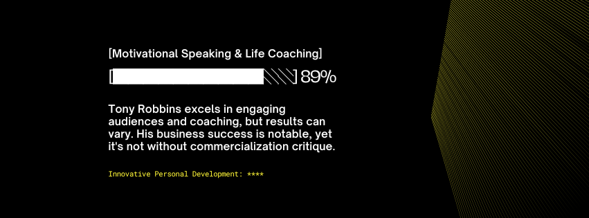 Graphic showing a progress bar at 89% completion with a critique of Tony Robbins' effectiveness in motivational speaking and life coaching.