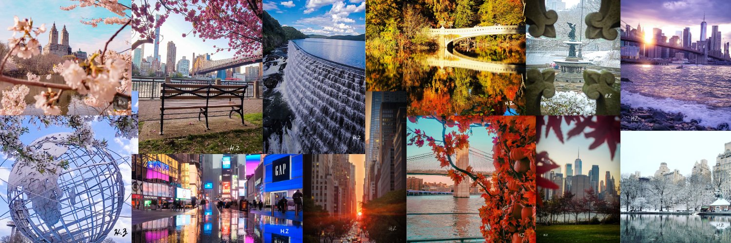 A vibrant collage showcasing iconic New York City landmarks and seasonal beauty, including cherry blossoms, urban landscapes, and autumn foliage.