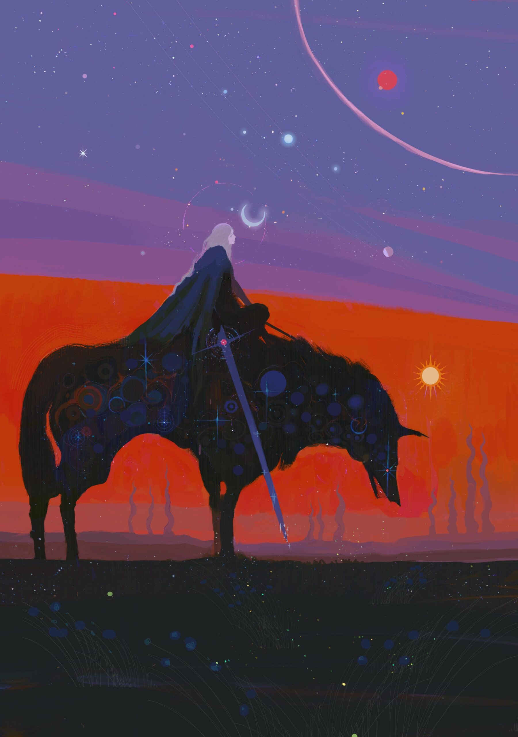 A silhouetted figure on a cosmic horse under a starry sky, blending vibrant colors and celestial elements, evoking a sense of fantasy and adventure.