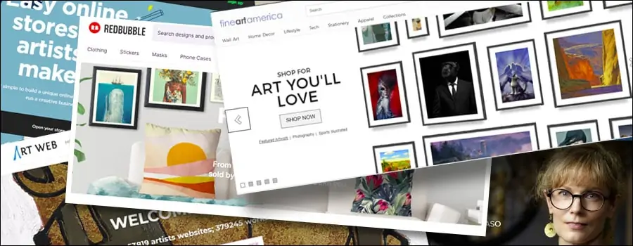 A collage showcasing various online art marketplace platforms, including Redbubble and Fine Art America, featuring art prints, merchandise, and artist profiles.