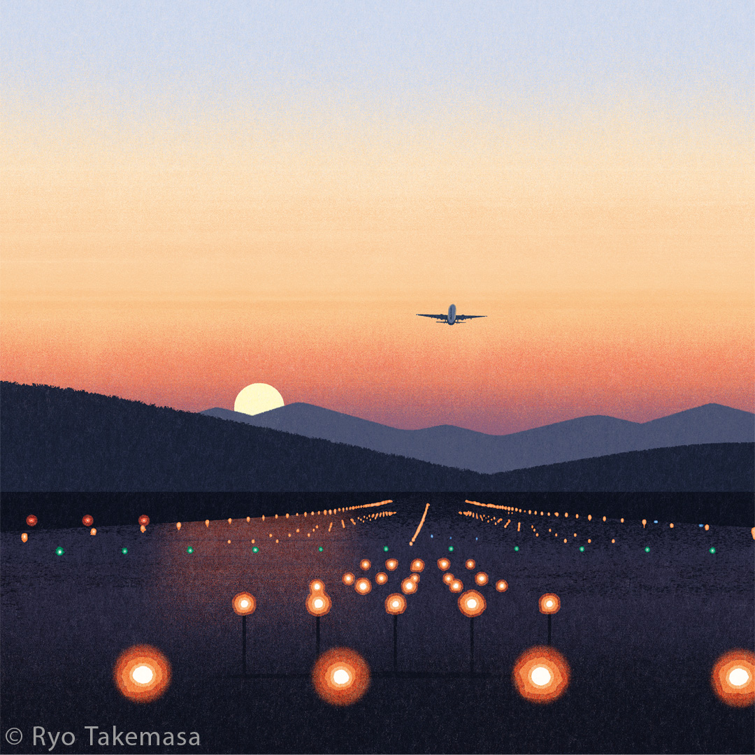 A silhouetted airplane takes flight above a serene landscape illuminated by runway lights at sunset, with mountains in the background.