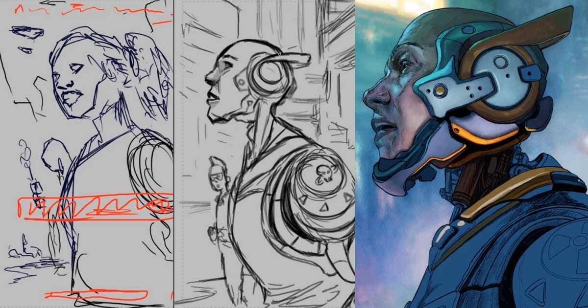 A triptych showcasing the progression of artwork, featuring initial sketches, detailed outlines, and a vibrant final illustration of a humanoid figure with mechanical features.