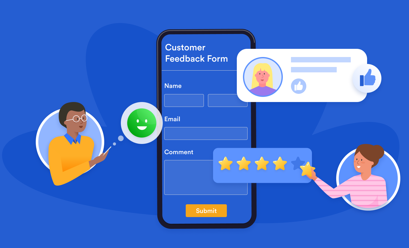 An illustration depicting a customer feedback form on a smartphone, with users providing positive feedback through comments and star ratings.