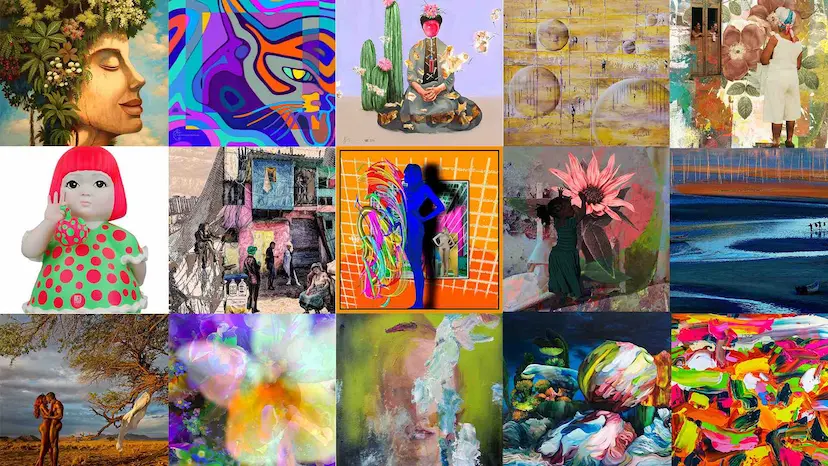 A vibrant collage of various artistic styles, featuring abstract designs, figurative art, and colorful patterns, showcasing faces, nature, and cultural elements.