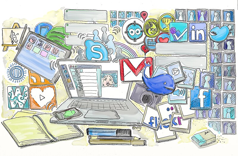 A colorful illustration featuring a laptop surrounded by various social media icons, applications, and communication tools, symbolizing the digital interconnectedness of today’s society.