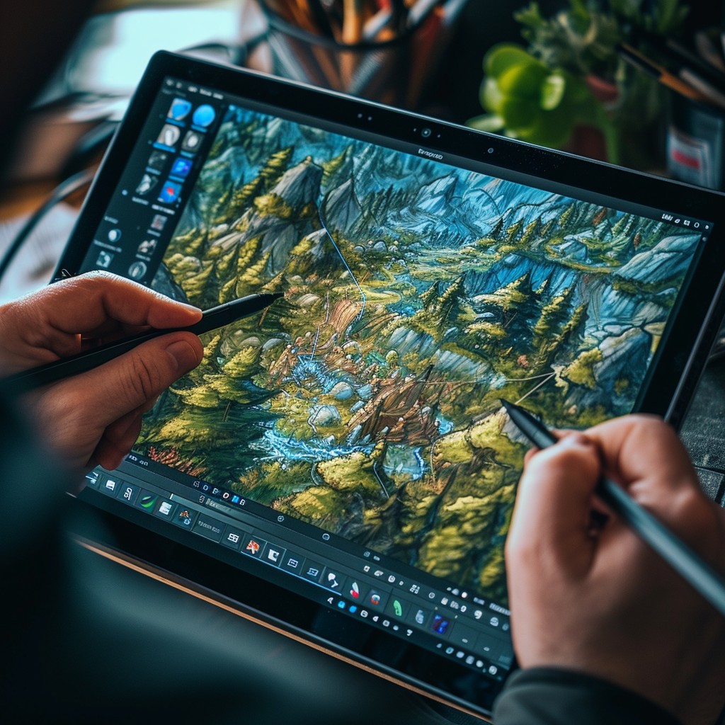 An artist illustrates a vibrant digital landscape featuring greenery, a river, and mountains on a tablet.