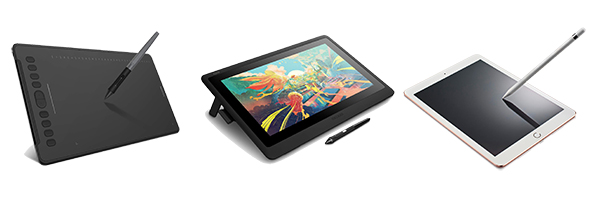 Three digital drawing devices: a graphic tablet, a display tablet with artwork, and a touchscreen tablet with a stylus.