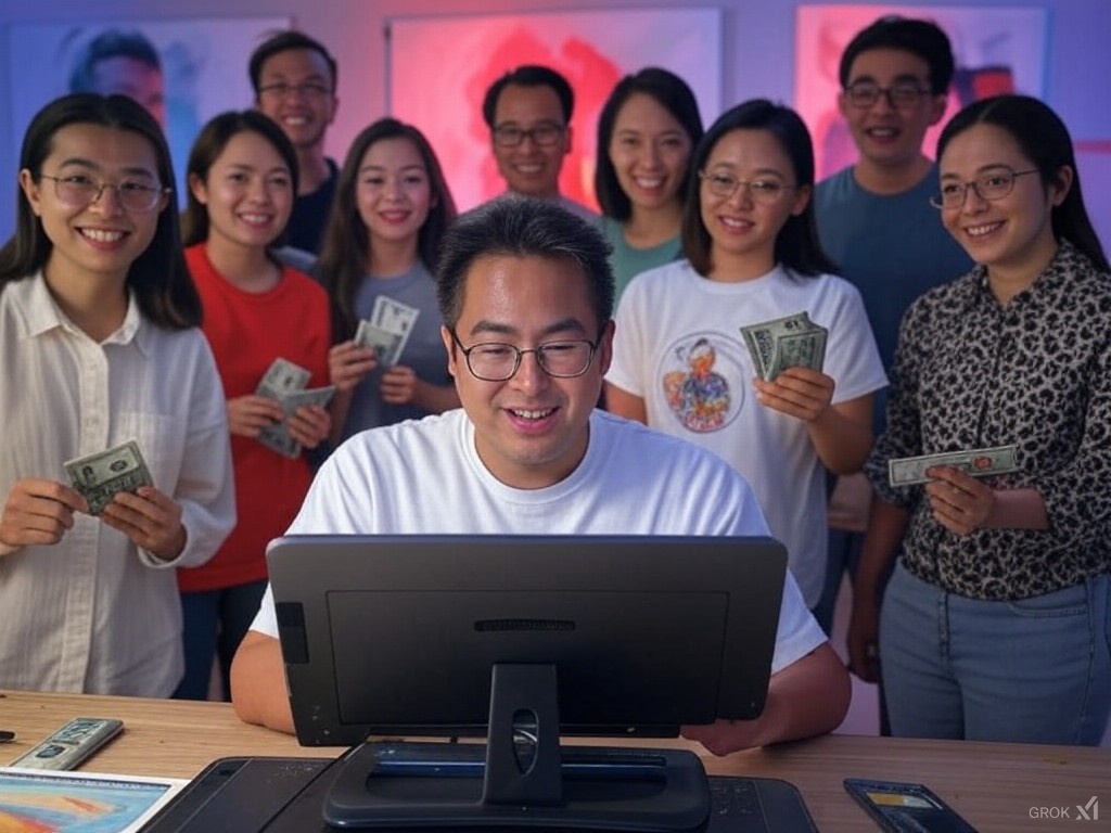 A cheerful group of young adults holding money poses behind a man smiling at his computer, highlighting a moment of achievement and camaraderie.