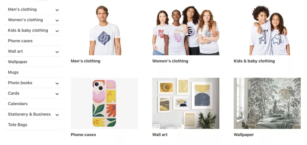 A layout showcasing categories including men's clothing, women's clothing, kids' clothing, phone cases, wall art, and wallpaper, featuring models in casual attire and decorative items.